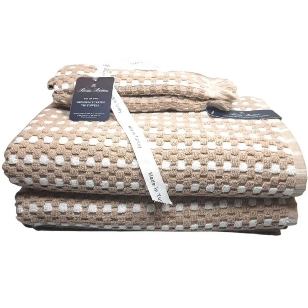 Brooks Brothers 4 Piece Set Premium Turkish TOWEL SET 2 Bath /2 Tip Tan &‎ White